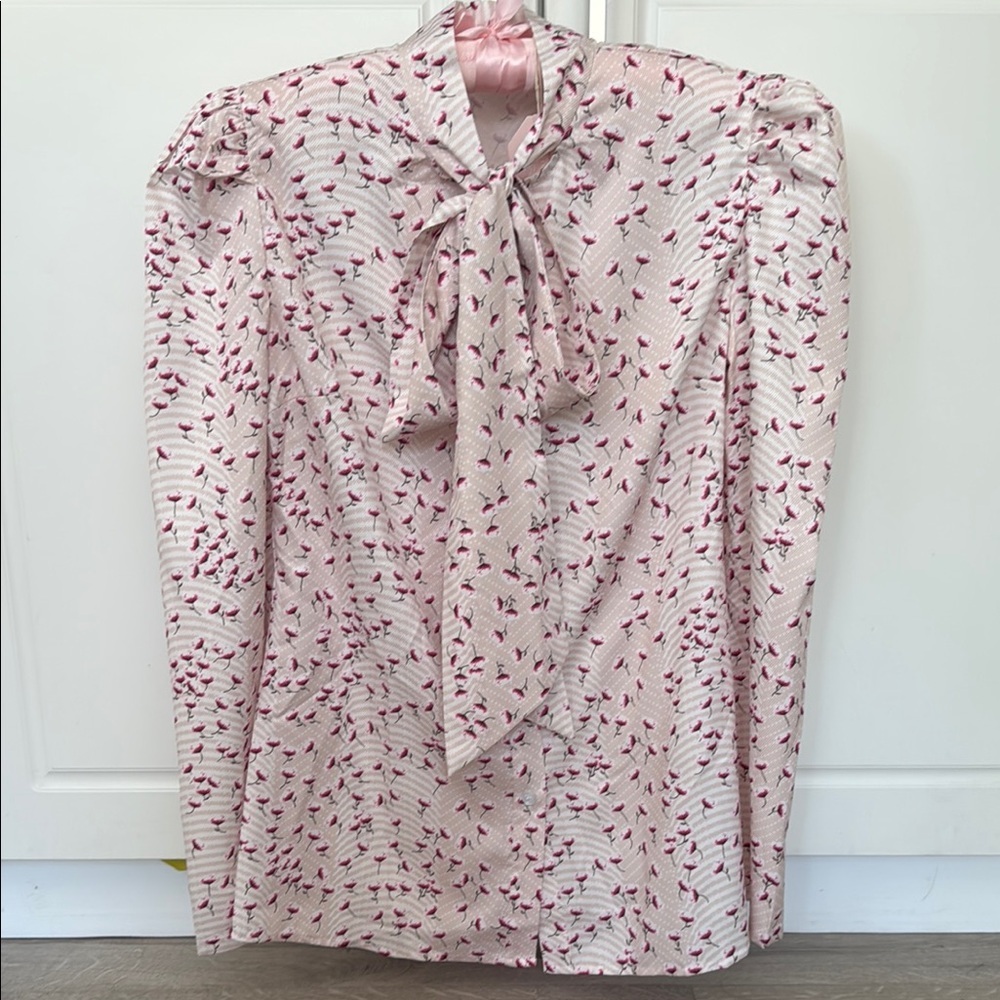 Anne-Louise Boutique Floral Pink Blouse with Bow Tie
